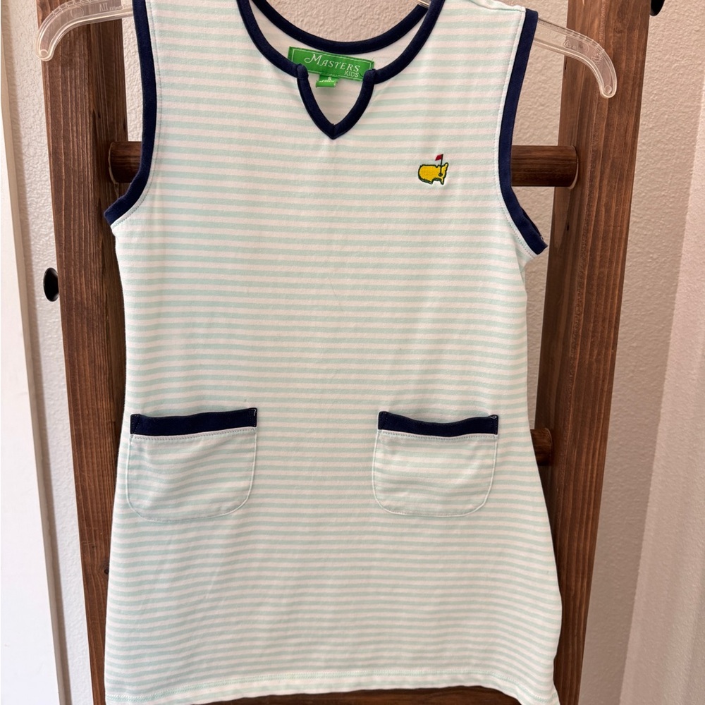 Masters Kids small (7-8) sleeveless dress- teal and white striped with pockets